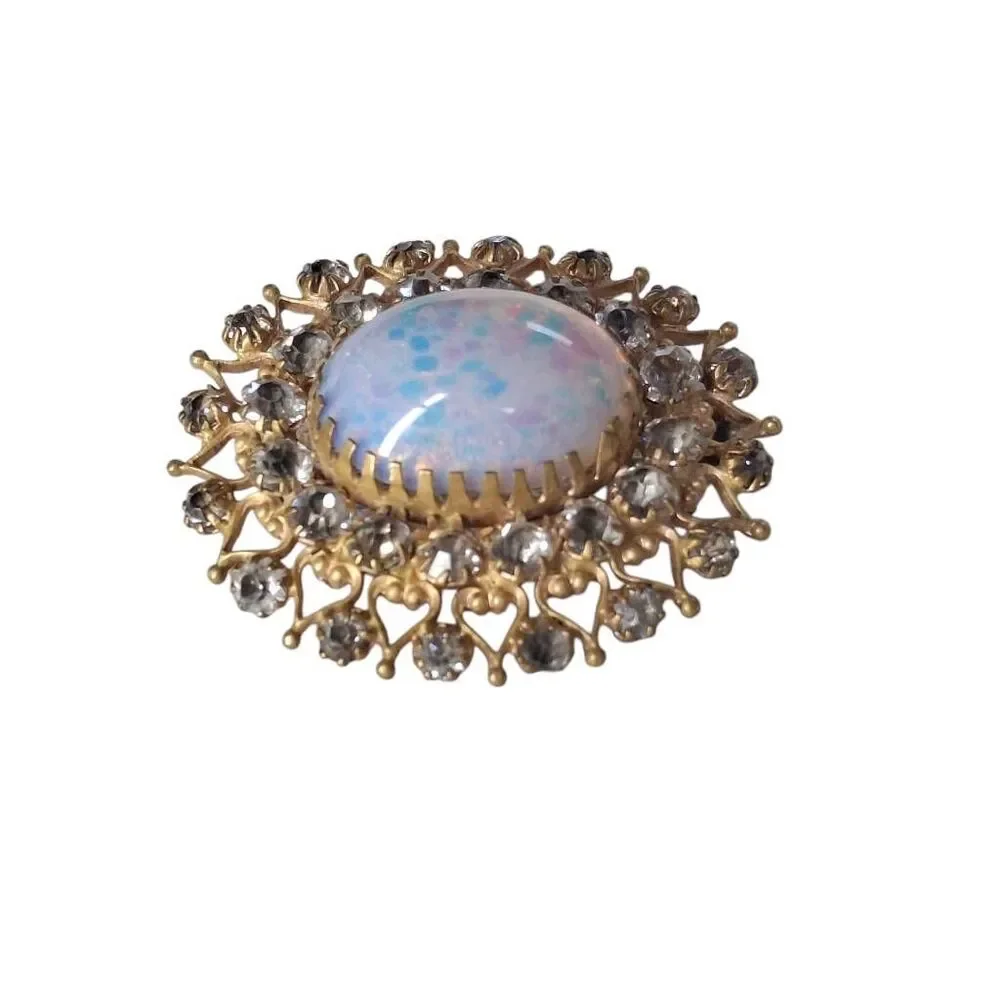 Vintage Gold Tone Brooch with Faux Opal Center & Clear Rhinestones | Unsigned Mi